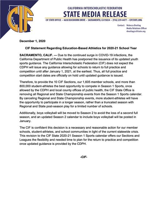 CIF statement Cancel Athletics as of Dec 1 2020 